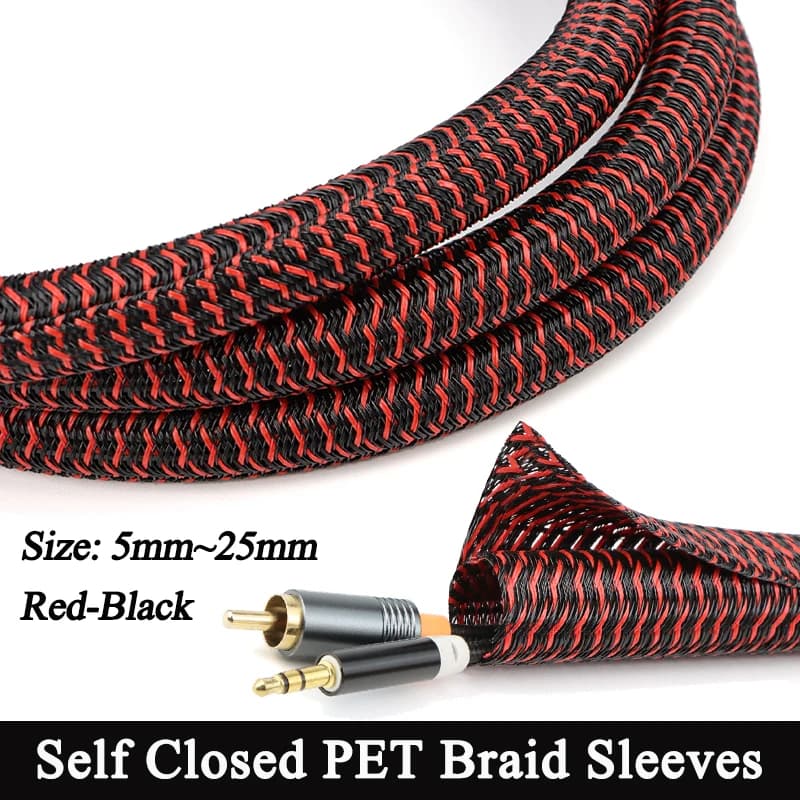 Manicotto per cavo chiuso da 1 ~ 50 m Nero-Rosso 5 mm ~ 25 mm PET intrecciato isolato Linea automatica Guaina per telaio diviso Wire Organize31
