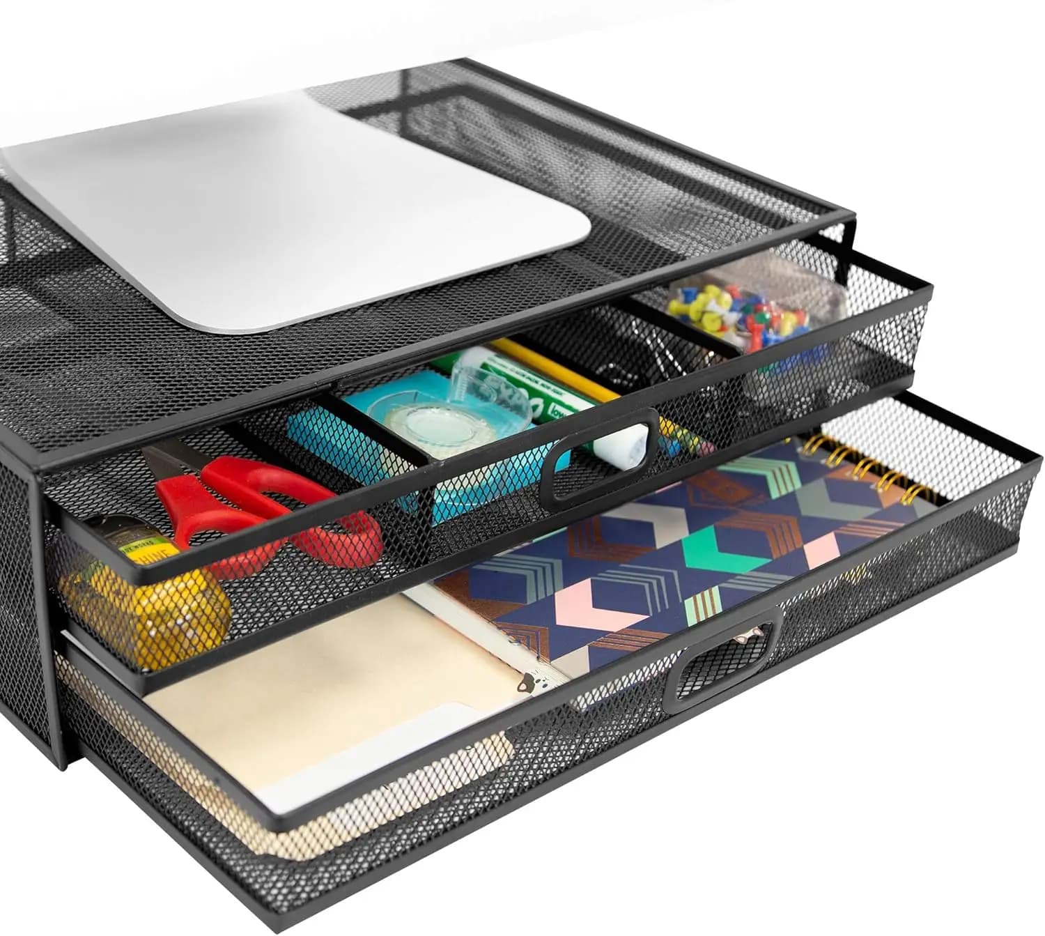 Support for Metal Network Monitor with Drawers, Laptop Organizer and Screens, Office Accessories in Black