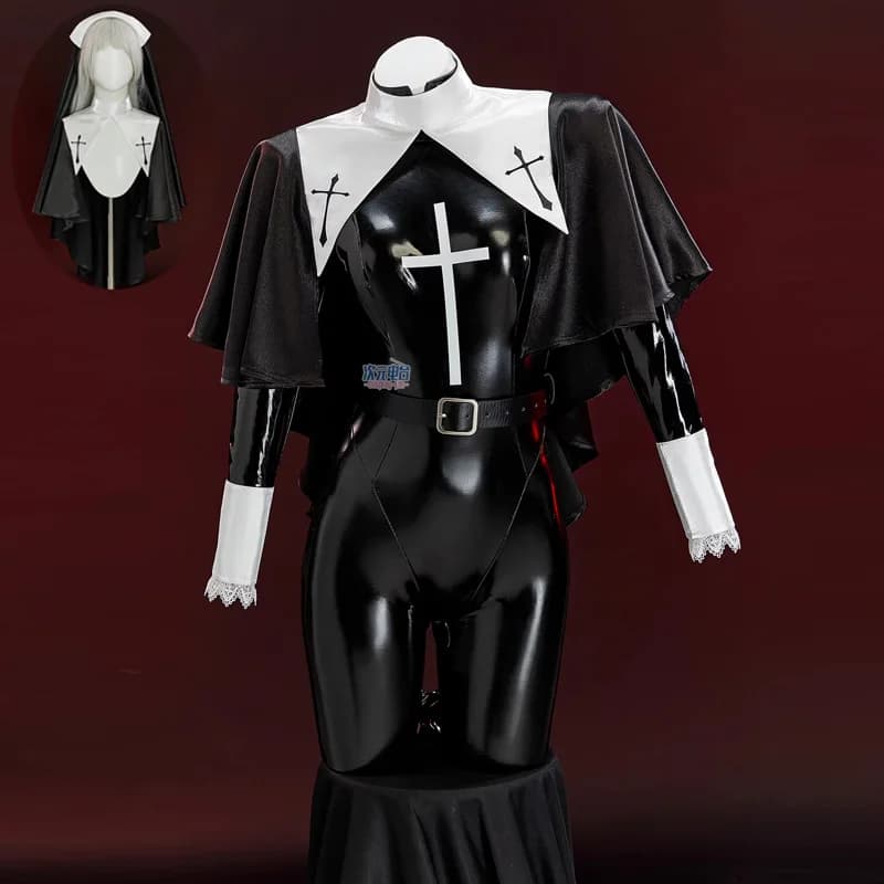 Costume cosplay da suora Donna Tuta da suora in pelle sexy Cintura Copricapo Abito da suora originale Uniforme da suora Carnevale di Halloween Abiti da gioco di ruolo