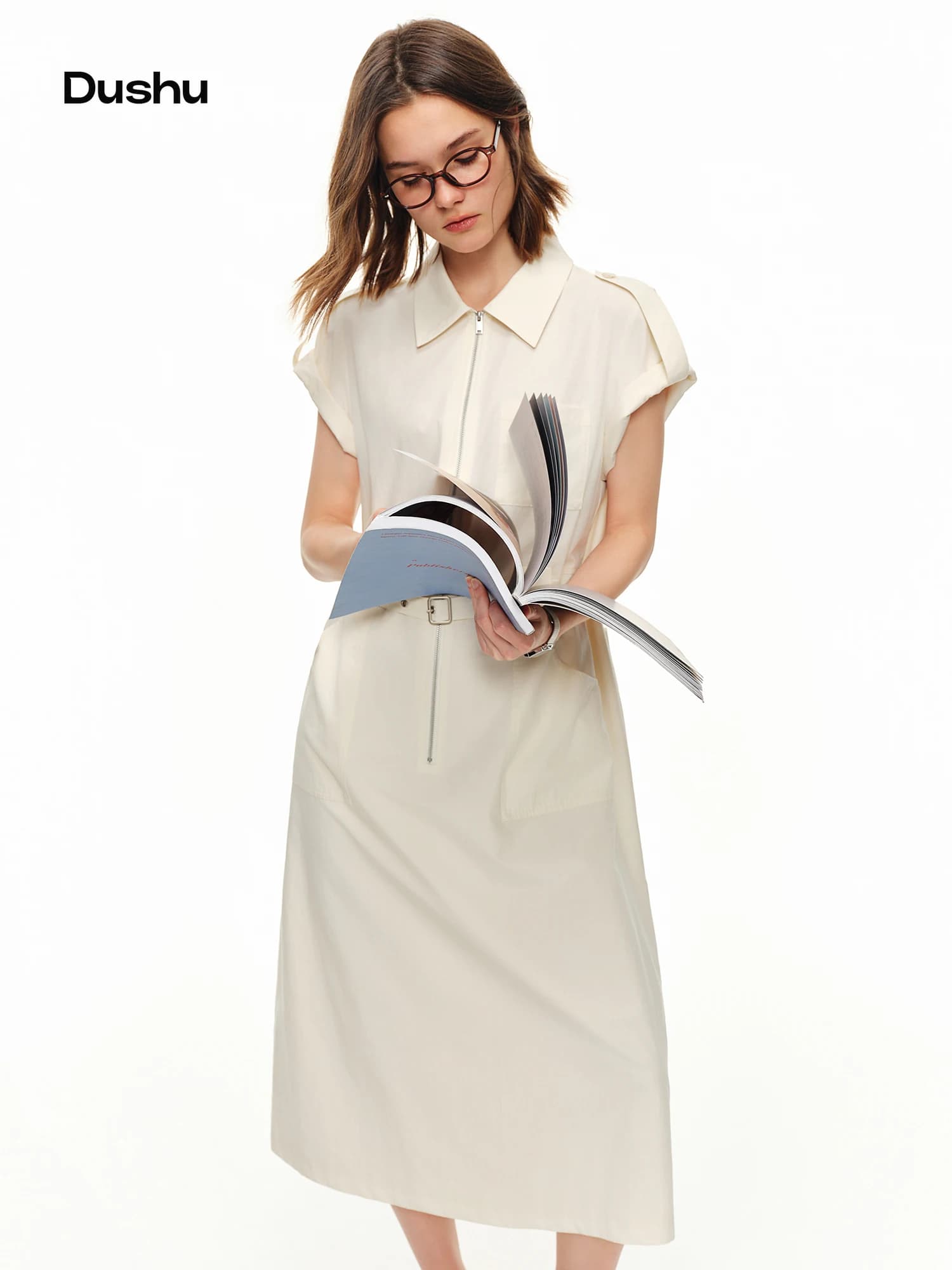 DUSHU Women's Casual Workwear Summer Dress 2026 Summer New Arrival Waist-Cinching Slimming Long Skirt with Short Sleeves Dress