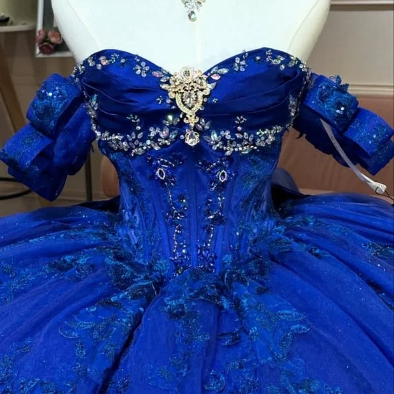Abito Quinceanera blu scuro lucido glitter di cristallo fiore 3D decalcomania coda lunga fiocco di lusso abiti da 15 Quinceanera Personalizza