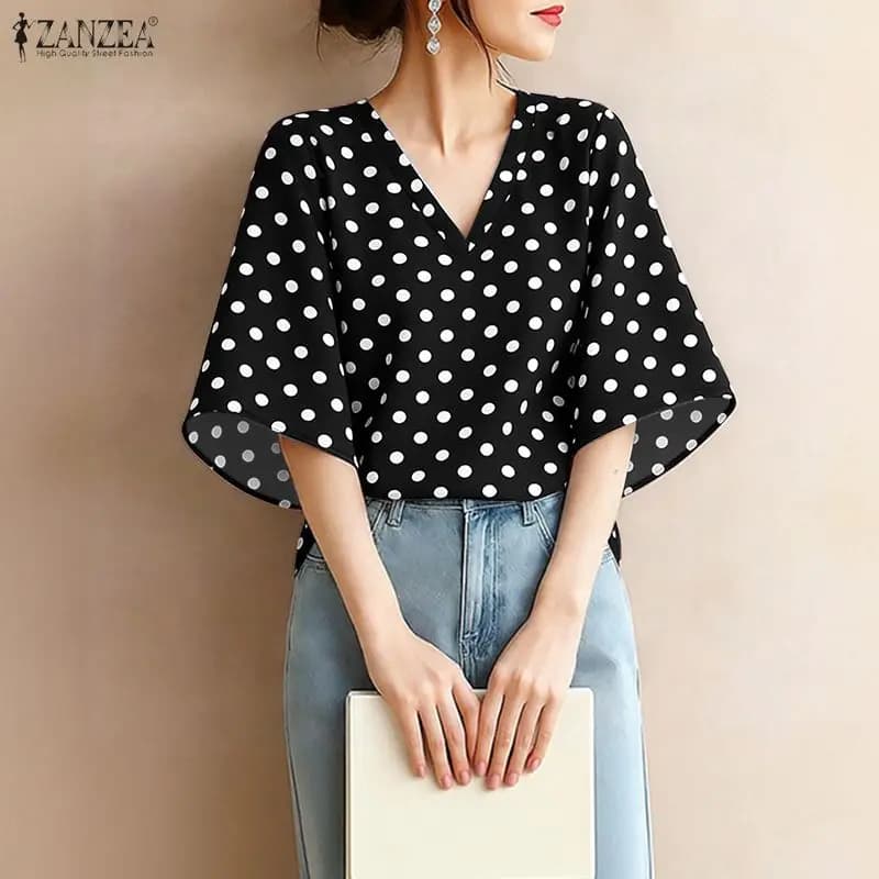ZANZEA 2026 Women's Summer Blouses in Pois Elegant Vintage with V-neck and Manic Mezzes in Bell, Top Random for Holiday