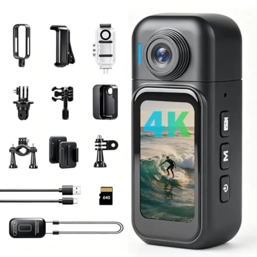 4K Body Camera for travel, sports, cycling, motorcycle helmet use - black polycarbonate housing, 64GB storage, 1.47 touch scree