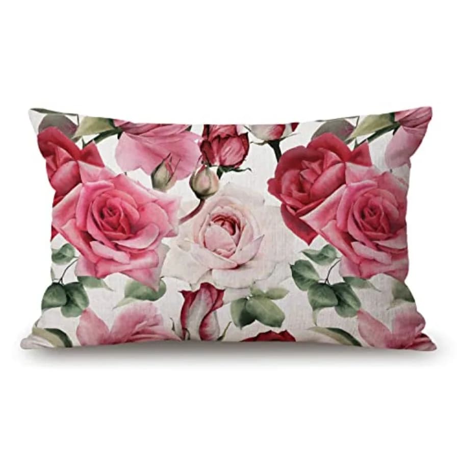 Fodere per cuscini con rose acquerellate 30x50 cm, fodere per cuscini lombari decorativi in cotone e lino per divano, casa, arredamento.