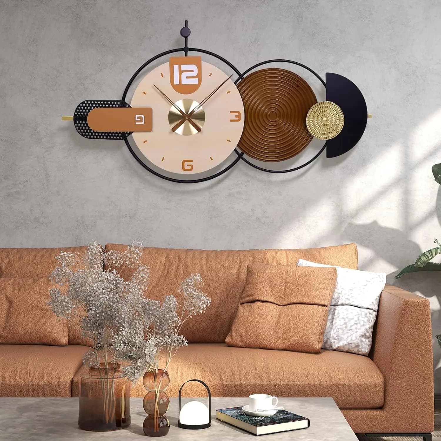 Grande Orologio da Parete Moderno per Soggiorno - Metallo e Legno, Silenzioso Senza Ticchettio, Funzionamento a Batteria, Orologio Decorativo