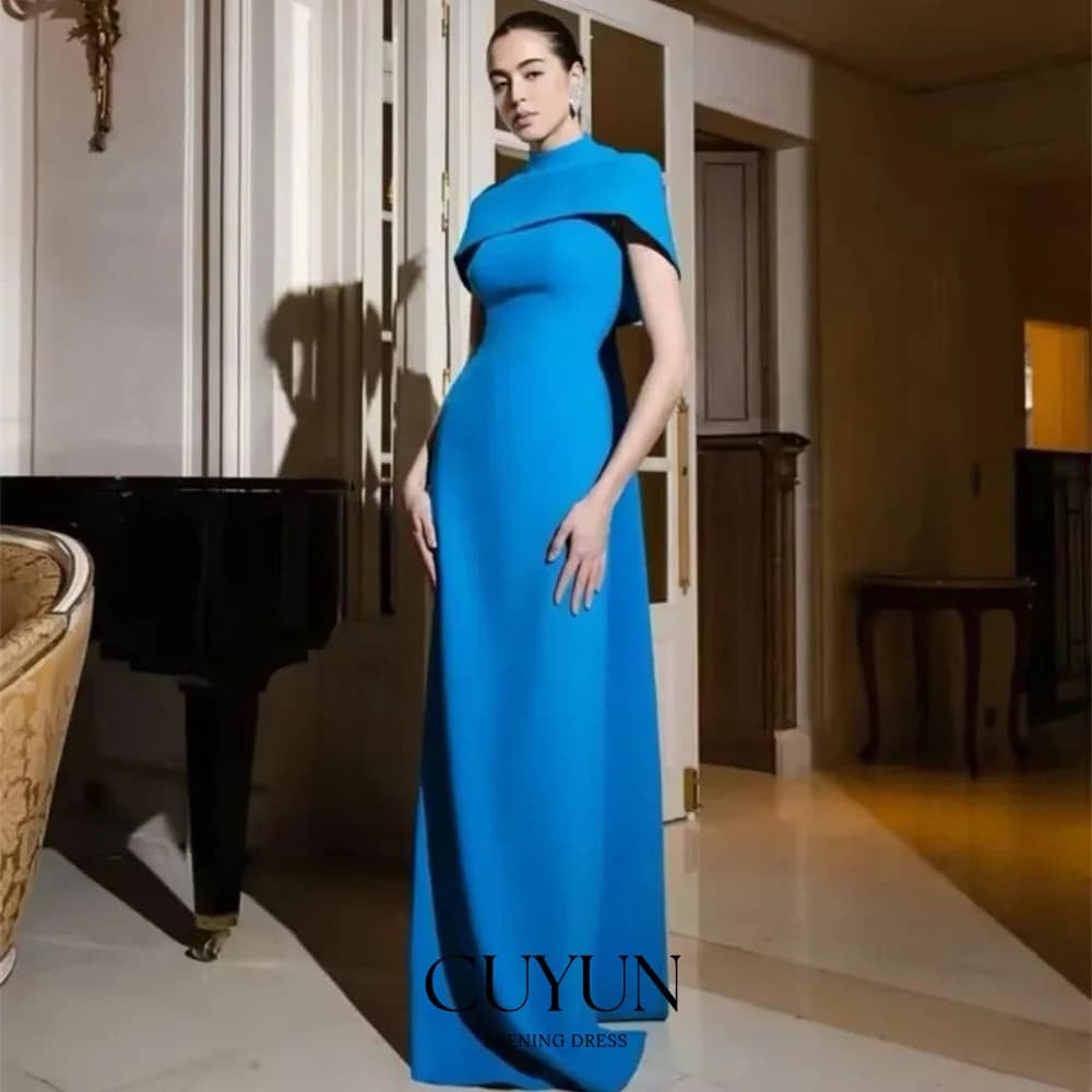 CUYUN Maglia da sera blu personalizzata con bottoni drappeggiati Compleanno A-line Collo alto Abito da occasione su misura Abiti lunghi