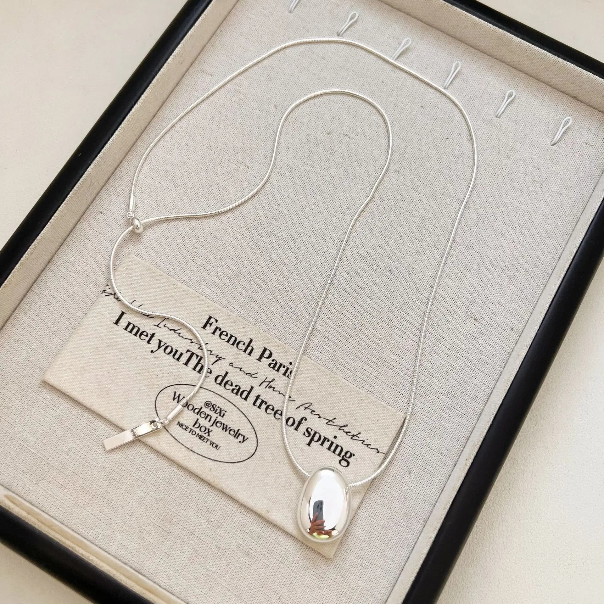 Cold style silver oval pendant necklace, fashionable and versatile, light luxury style, metallic glossy high-end accessories