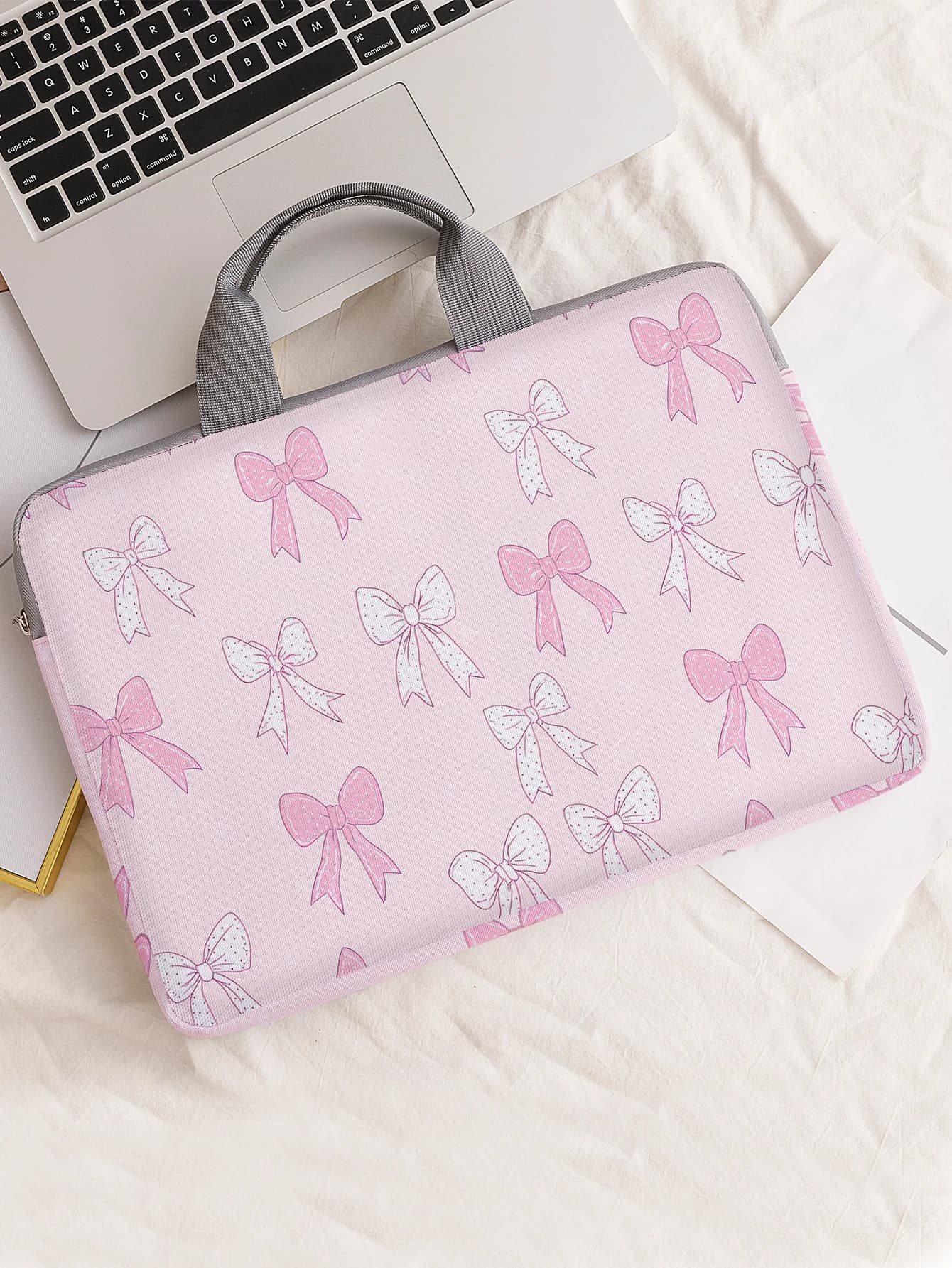 One Set, Two Styles, Colorful Pink and White Bow Printed Laptop Sleeve, Briefcase, Suitable for 14-inch Laptops