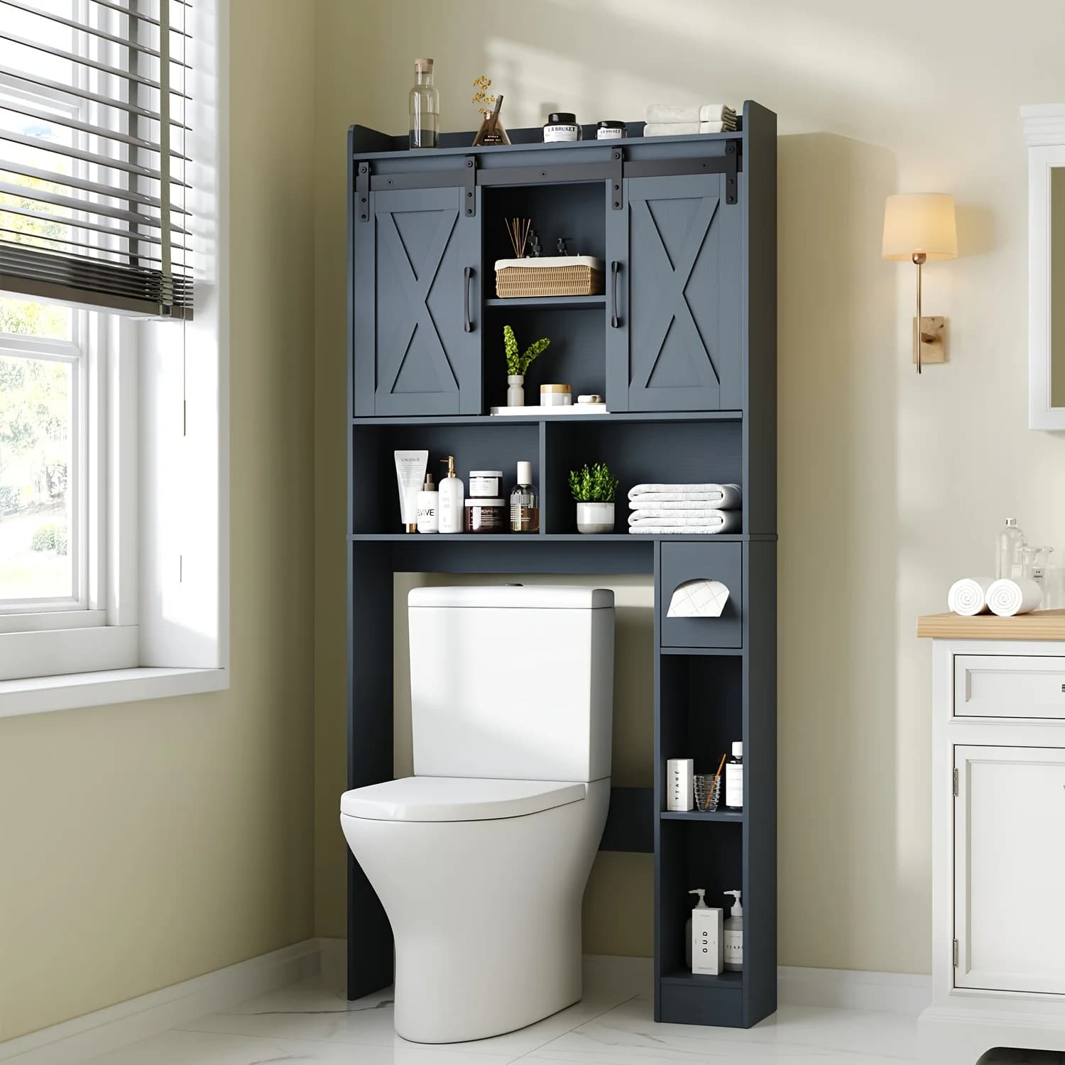 LODEIJA Over-The-Toilet Storage Cabinet with Toilet Paper Holder Stand - Space-Saving -Standing Bathroom Shelf, /Plywood Suitable for Bathroom, Restroom, Laundry Room, Modern with Assembly (No Wall-Mount)