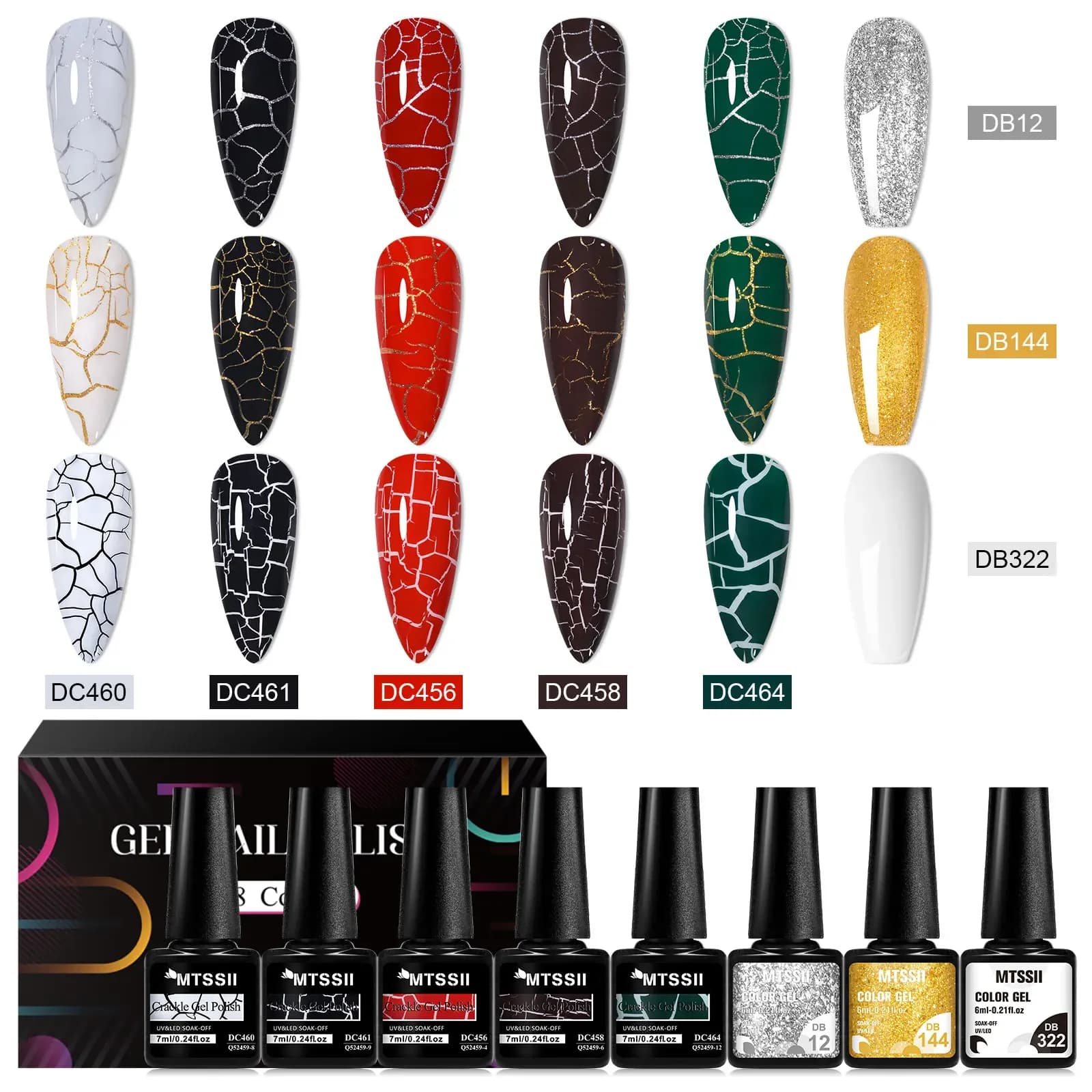 Set di smalti per unghie gel Crackle da 8 pezzi con smalto gel color argento oro bianco semi permanente Soak Off smalto gel UV per unghie