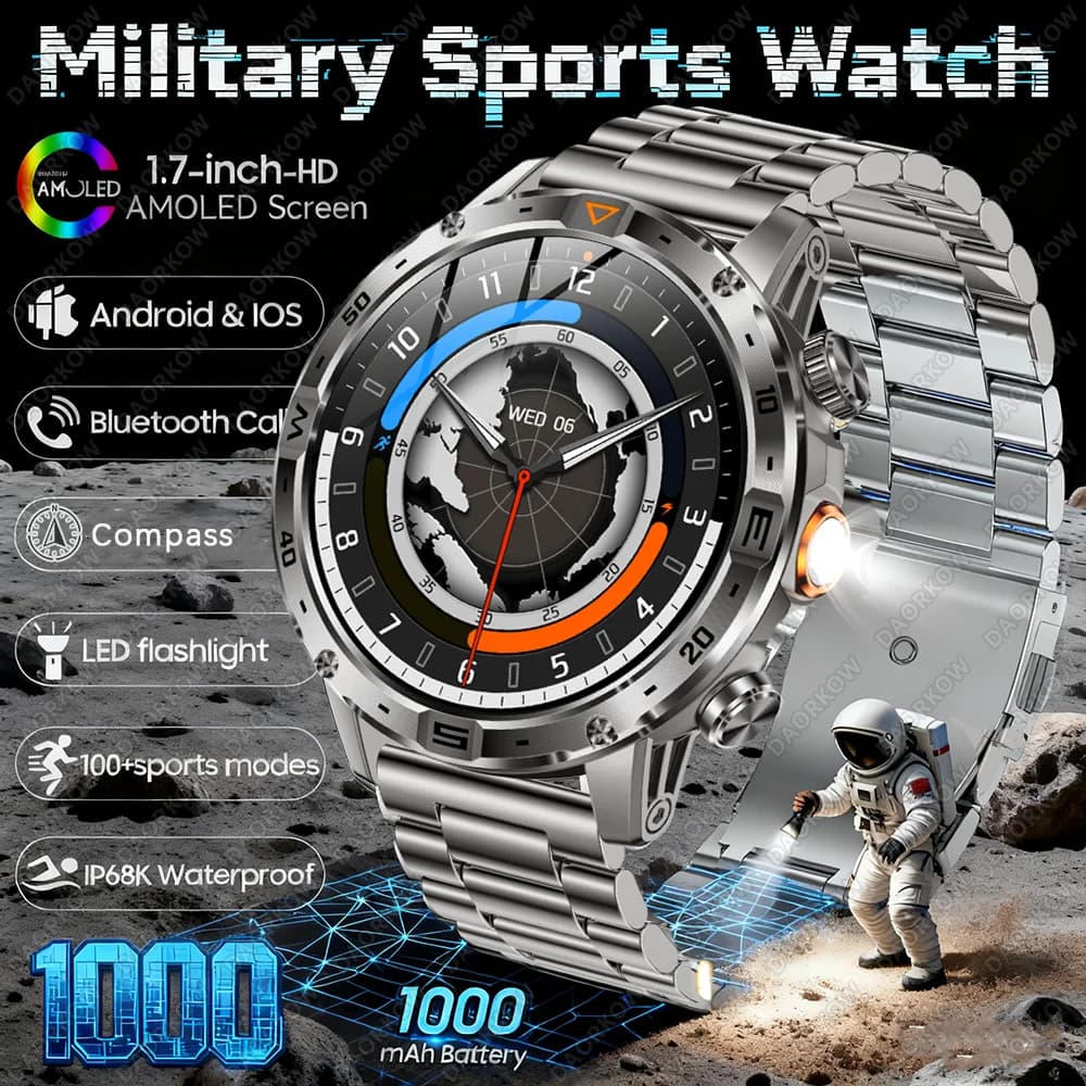 DAORKOW Nuovo Smartwatch Militare con Batteria da 1000mAh, Monitoraggio Fitness, Torcia LED, Cardiofrequenzimetro, Chiamate BT, Impermeabile, Orologio Sportivo da Uomo