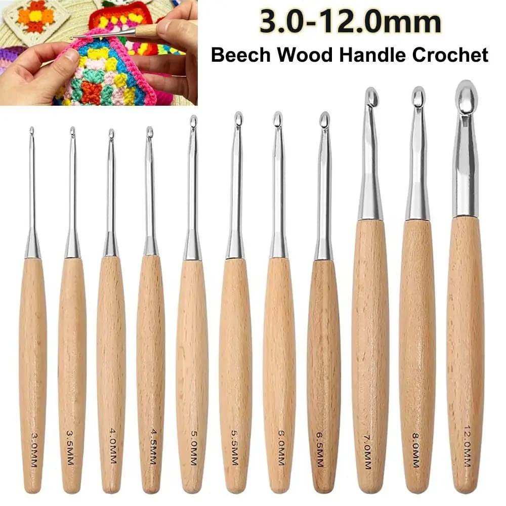 3-12mm Solid Wood Handle Crochet Knitting Needles Hooks Multi Size Sewing Accessories Wool Crocheting Lace Weave Craft Needle