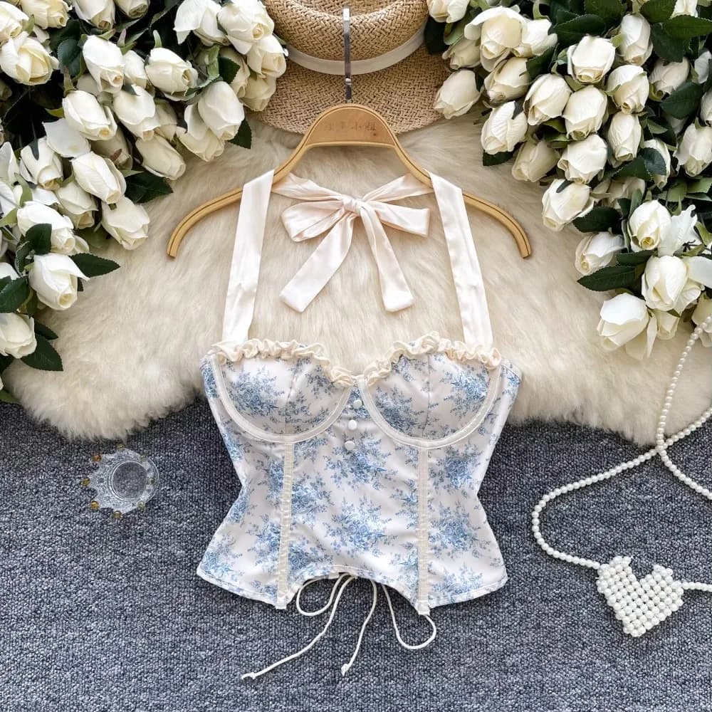 Sexy Hotsweet Stampa Halter Fasciatura Corsetto sottile Slim Chic Ins Bustier Canotta Basic Club Fashion Off Spalla Estate Crop Top