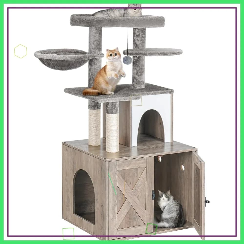 Lettiera per Gatti con Torre Albero, Bagno Nascosto, Tiragraffi, Cuccia Morbida, Grigio