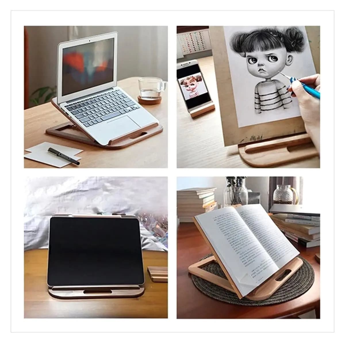 Supporto Verticale Pieghevole in Legno per Laptop, Portatile, per Tablet, da Scrivania, Regolabile in Altezza, con Dissipazione del Calore, per Casa e Ufficio