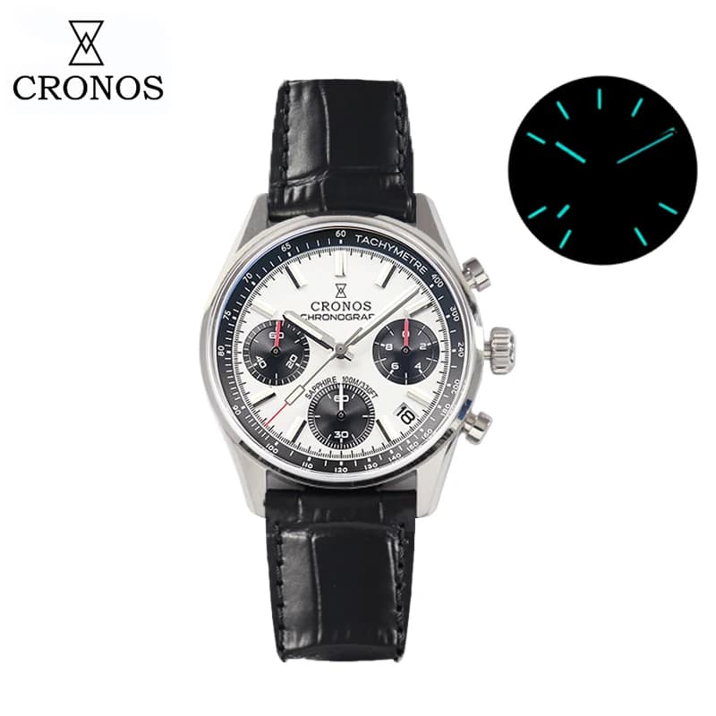 Cronos L6035 Chronograph Quartz Men Watch Miyota 6S20 Black&White Panda Dial Sapphire 10 ATM Tachymetre Leather Strap Luminous