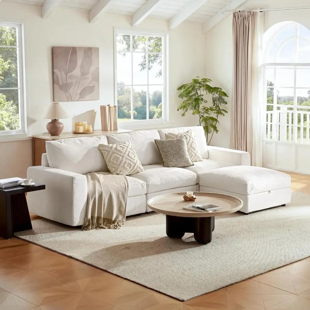 Oversized Deep Seat L-Shaped Sofa, 113.2 White Cloud Couch with Washable Cover, 3 Seater & Ottoman for Living Room
