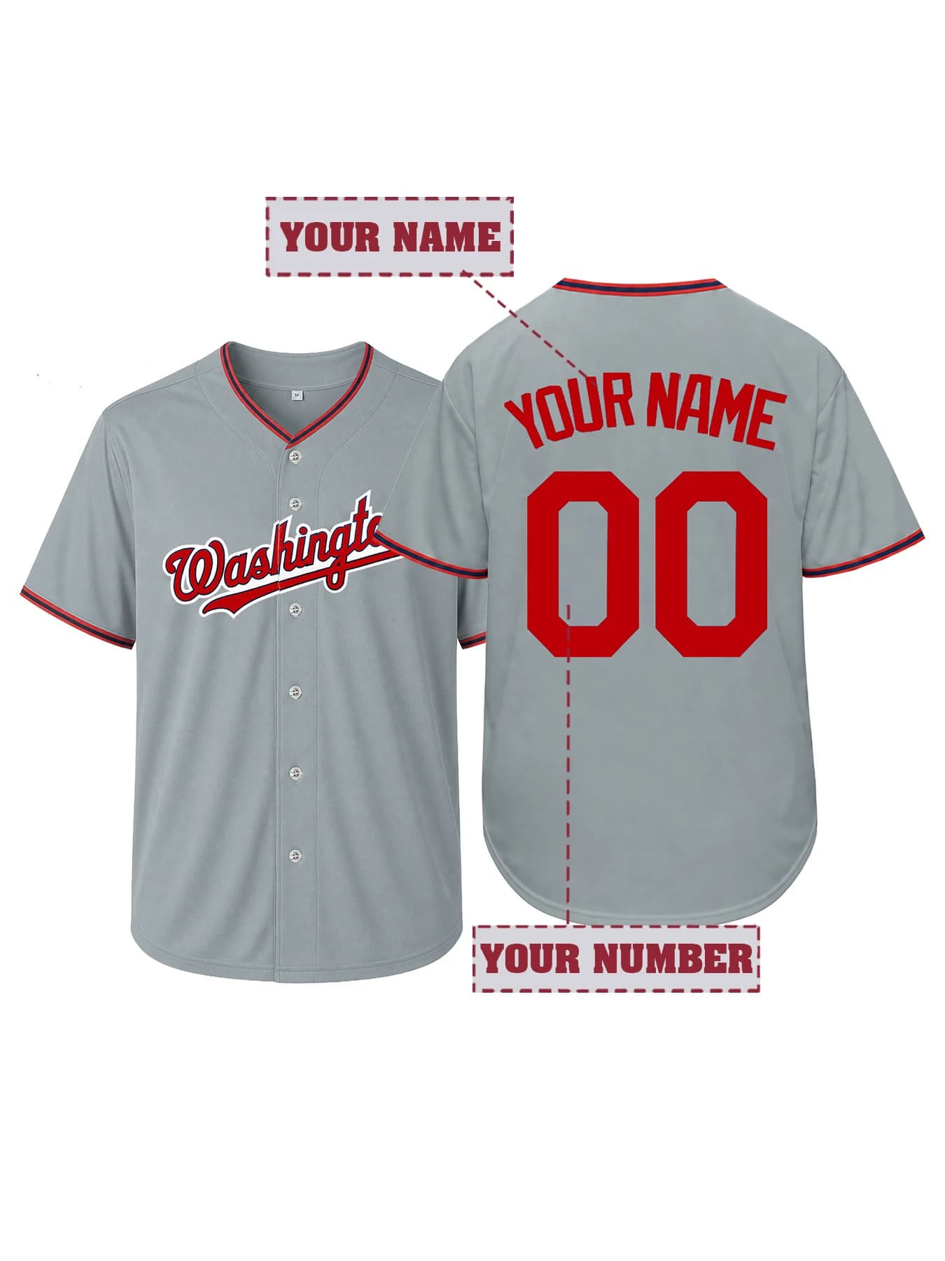 Customized Grey Red Baseball Jersey Personalized Your Name Number Fashion Casual Short Sleeve Shirt Men Women Team Sports Wear