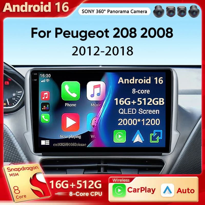 Android 16 For Peugeot 2008 208 2012-2018 Car Radio Multimedia Player Navigation GPS Wireless Carplay Android Auto Stereo 2Din