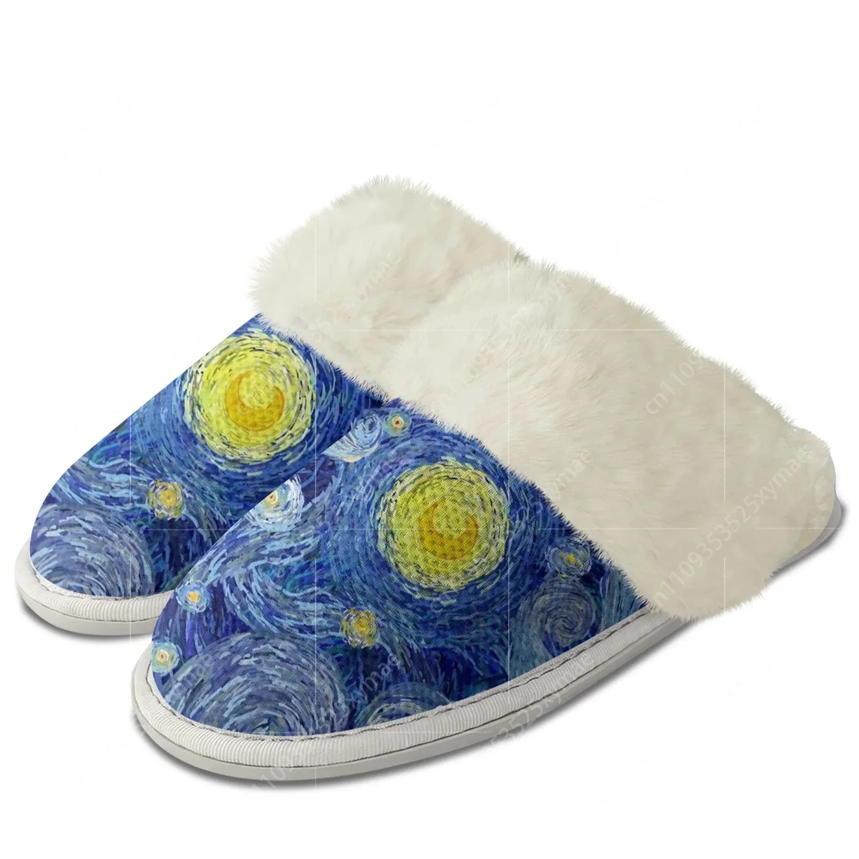 Vincent Van Gogh Starry Night Oil Painting Funny 3D Print Plush Slippers Keep Warm Shoes Mens Womens Home Cotton Thermal Slipper