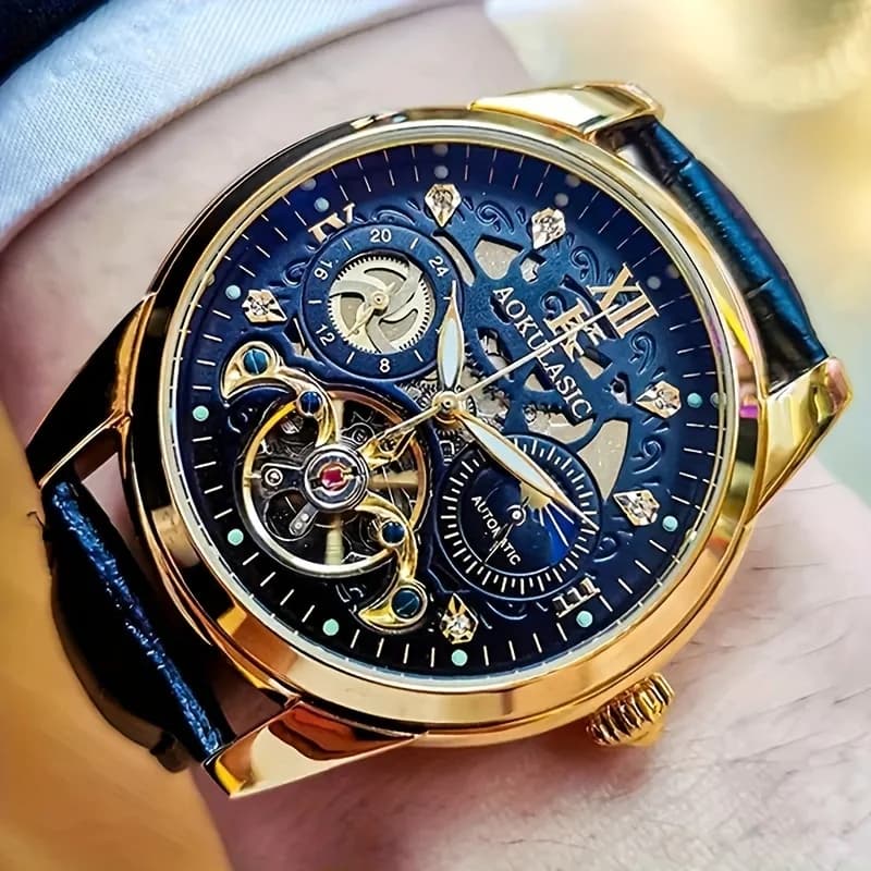 A large fully automatic mechanical men's watch, studded with diamonds, high-end, light luxury, fashionable, casual business, versatile and beautiful man's watch, waterproof watch with bright moon phases, gift for its best, no battery required