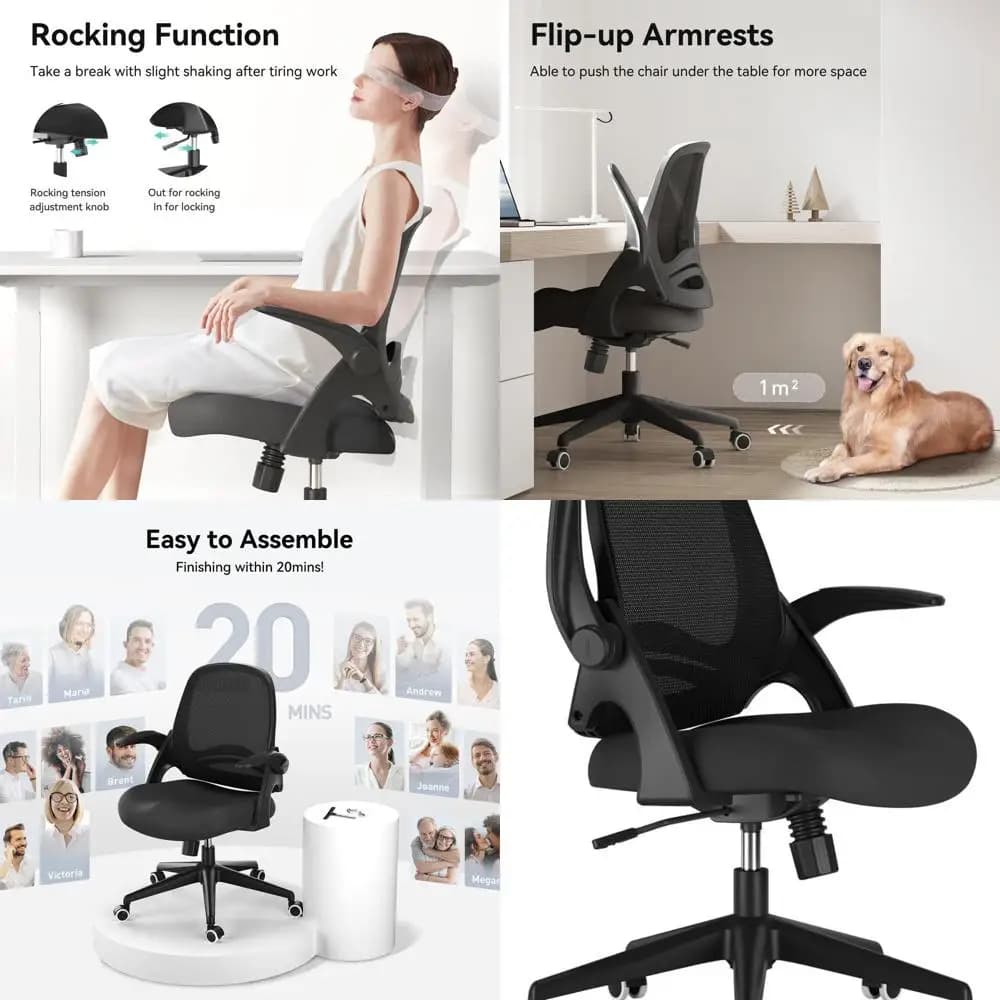 Sedia da ufficio ergonomica girevole in rete con braccioli ribaltabili, cuscino da sella e schienale a forma di S in nero