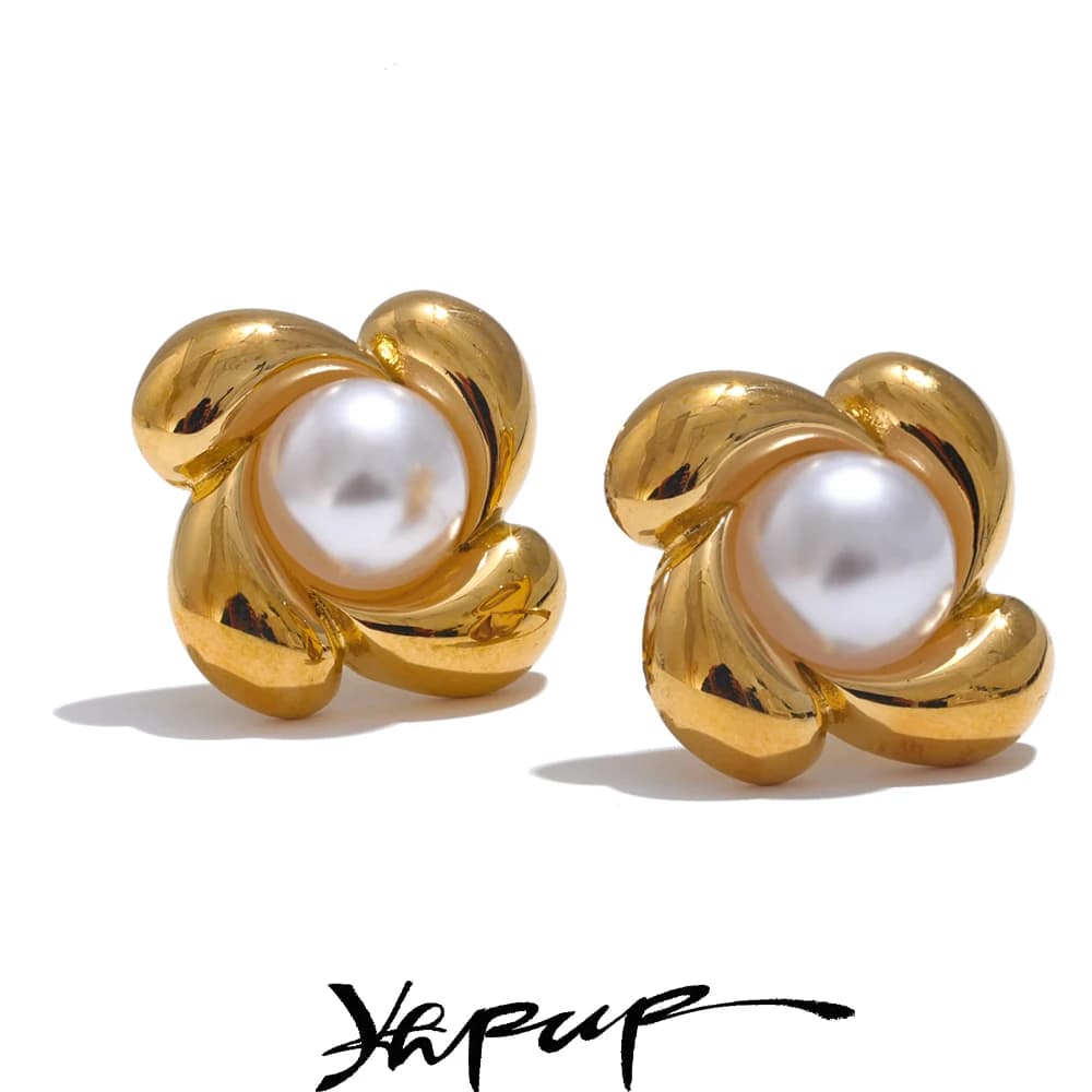Yhpup Stylish Imitation Pearls Metal Flower Stud Earrings Charm Stainless Steel Rust Proof Versatile Daily Jewelry Accessories