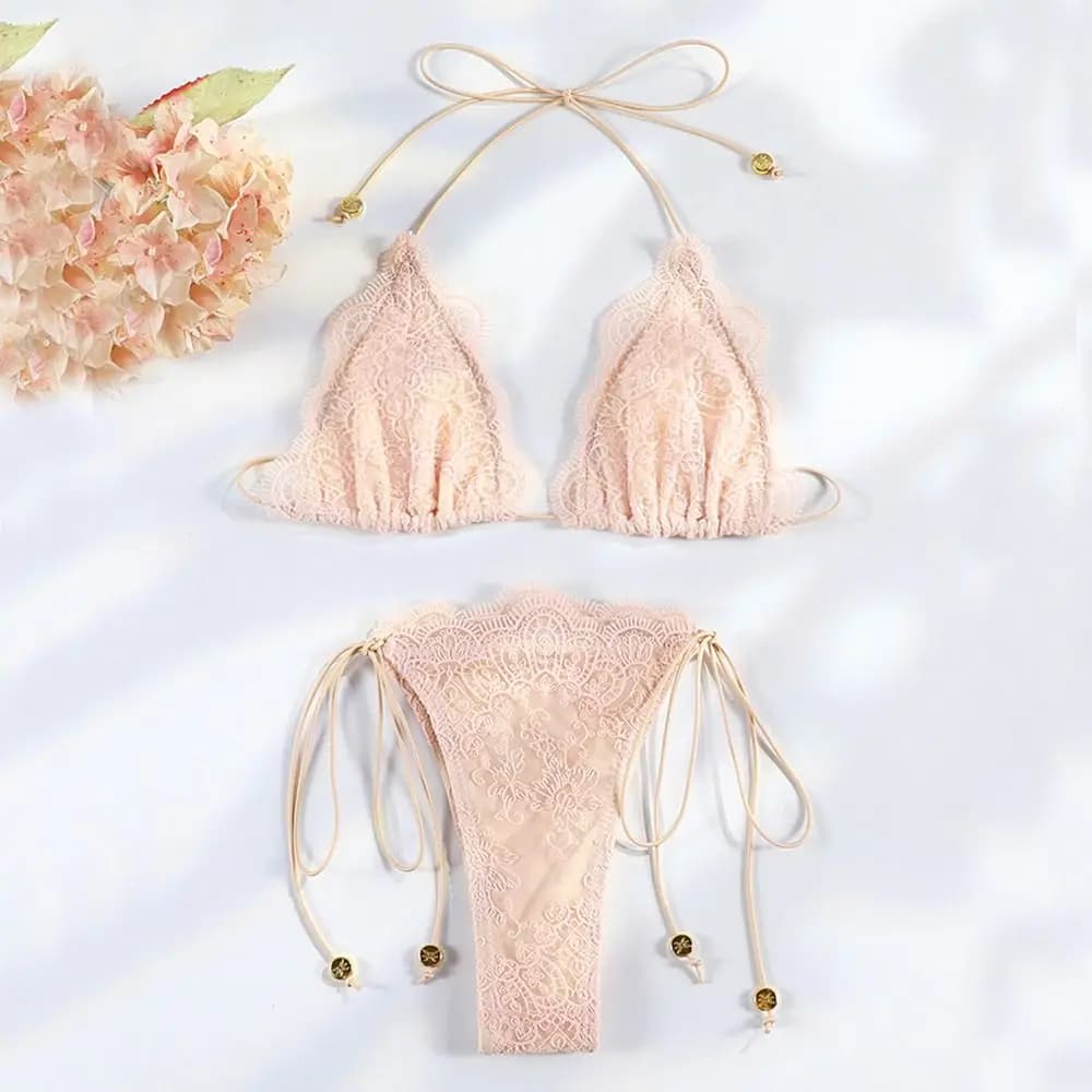 2Pcs/Set Fashion Summer Lace Bikini Set Bandage Hollow Women Swimsuit Patchwork Casual Bathing Suit Beach