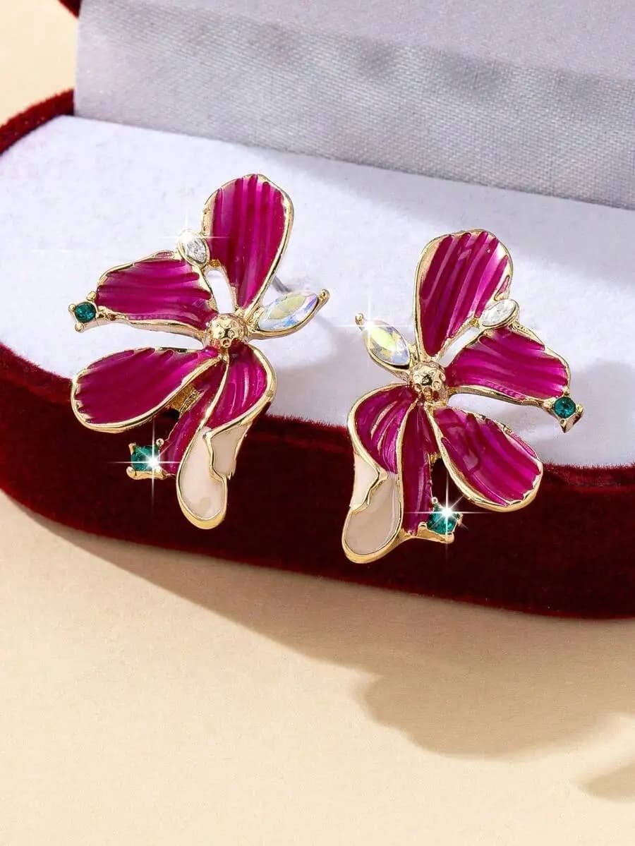 Elegant Floral Drop Earrings For Women With Zircon And Enamel