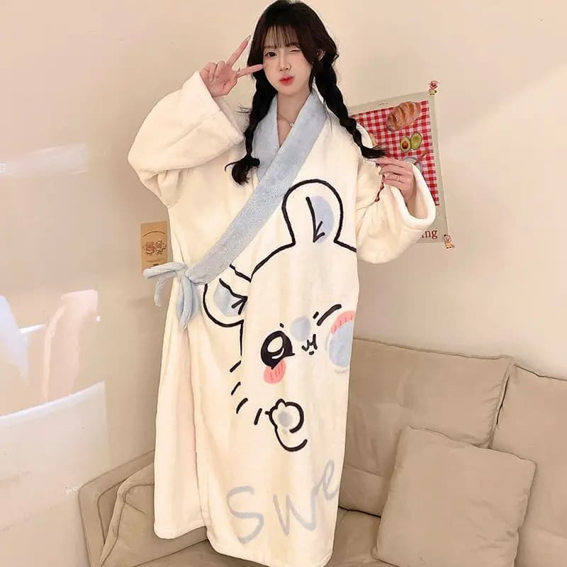Anime Chiikawa Flying Mouse Flannel Bathrobe Autumn and Winter New Pajamas Cute Outside Long Keep Warm Comfort Loose Homewear