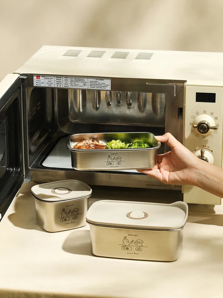 Contenitore per il pranzo in acciaio inossidabile, adatto al microonde, con coperchio ermetico per la conservazione degli alimenti, ideale per lavoro e scuola.