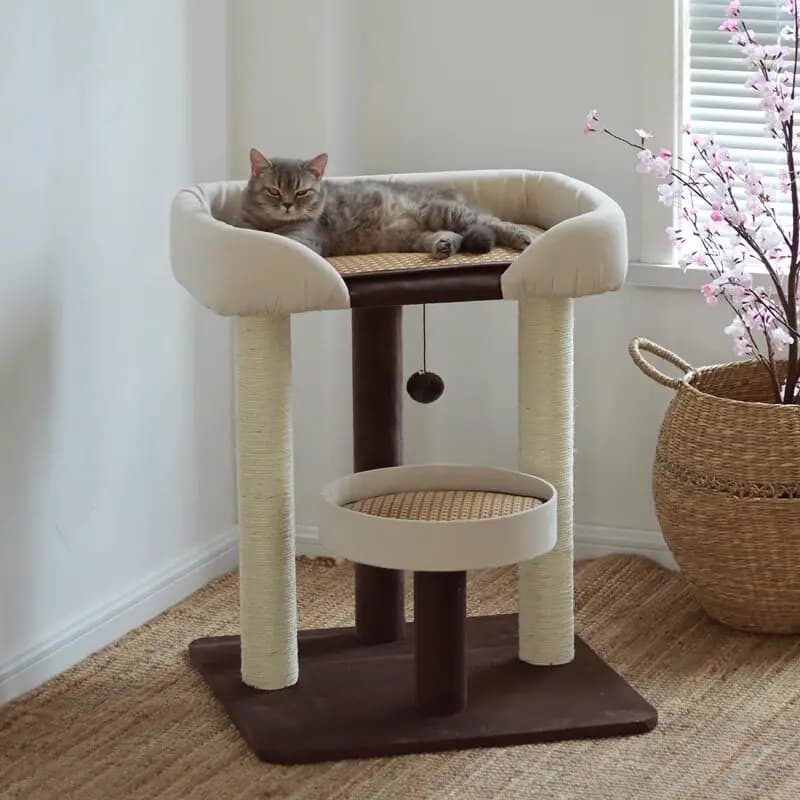 Torre Tiragraffi Moderna per Gatti in Legno con Corda e Tappetino, Lussuosa Struttura per Arrampicata, Mobili per Animali Domestici