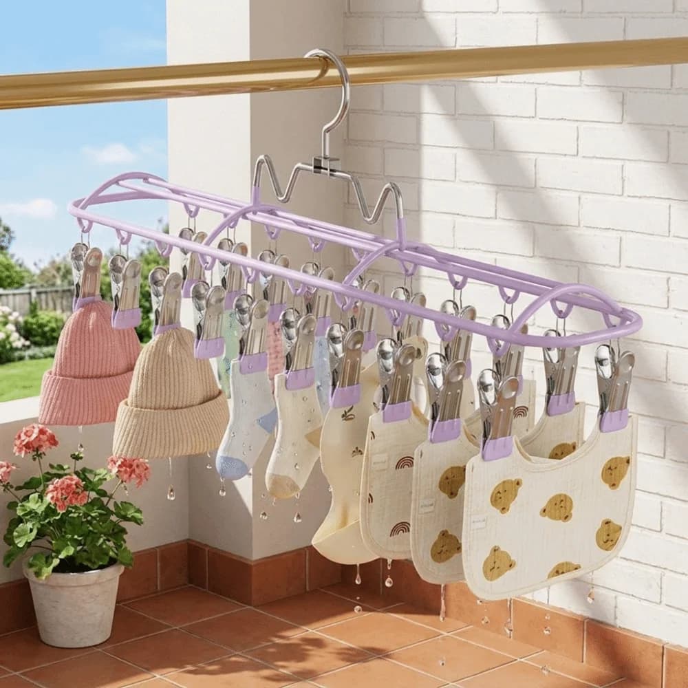 Windproof Clothes Drying Hanger with 20 Clips Stainless Steel Sock Drying Rack Space-Saving Rustproof Clothes Hanger Small Space