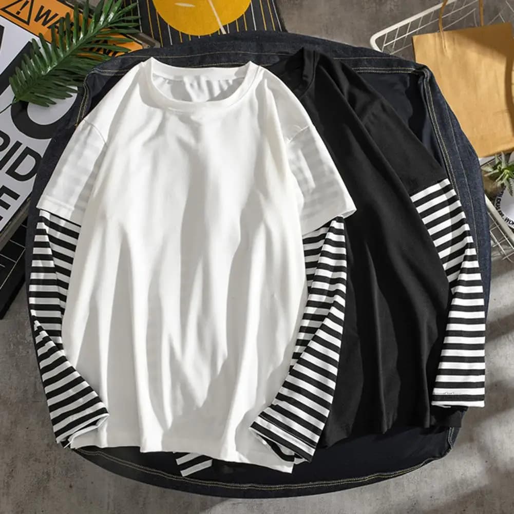 T-shirt a maniche lunghe da uomo finta a due pezzi t-shirt a maniche lunghe Casual a righe girocollo europea e americana t-shirt da uomo traspirante