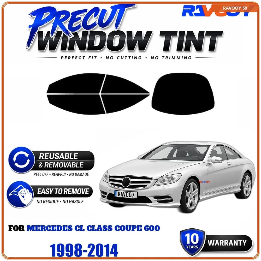 RAVOOY Precut Window Tint, Reusable Removable EPU Film, Custom Fit for Mercedes CL Class Coupe 600 1998-2014, UV Heat Protection