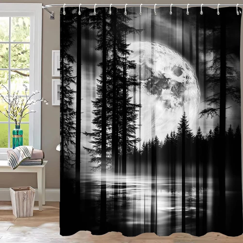 Tenda da doccia con motivo foresta notturna misteriosa, tenda da bagno con paesaggio, tenda decorativa per la casa in poliestere stampato con ganci