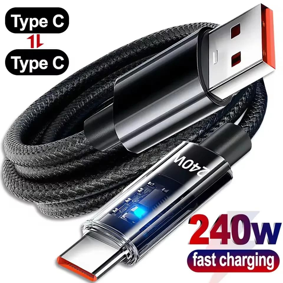 240 W Quick Charging USB Type C Data Cable High Speed Data Transfer Cable Digital Display C to C Type Nylon Cable for iPhone Samsung