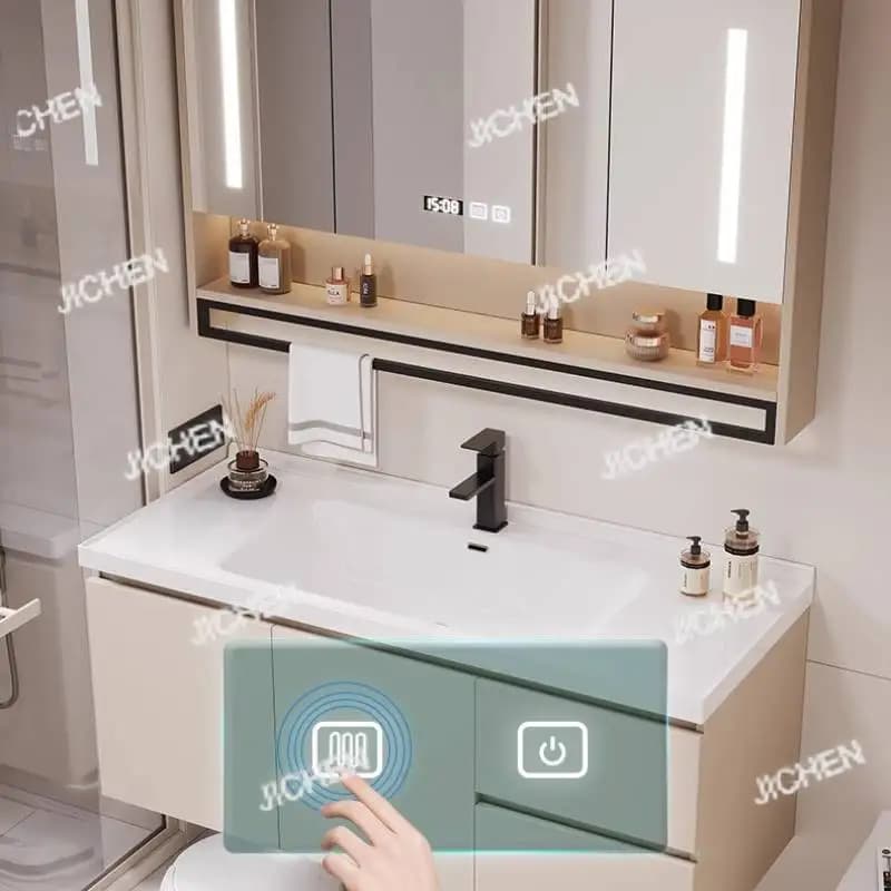 Mobiletto da bagno di lusso lucido Mobiletto da bagno bianco economico classico europeo Specchio portaoggetti Smart Meuble Salle De Bain Furniture