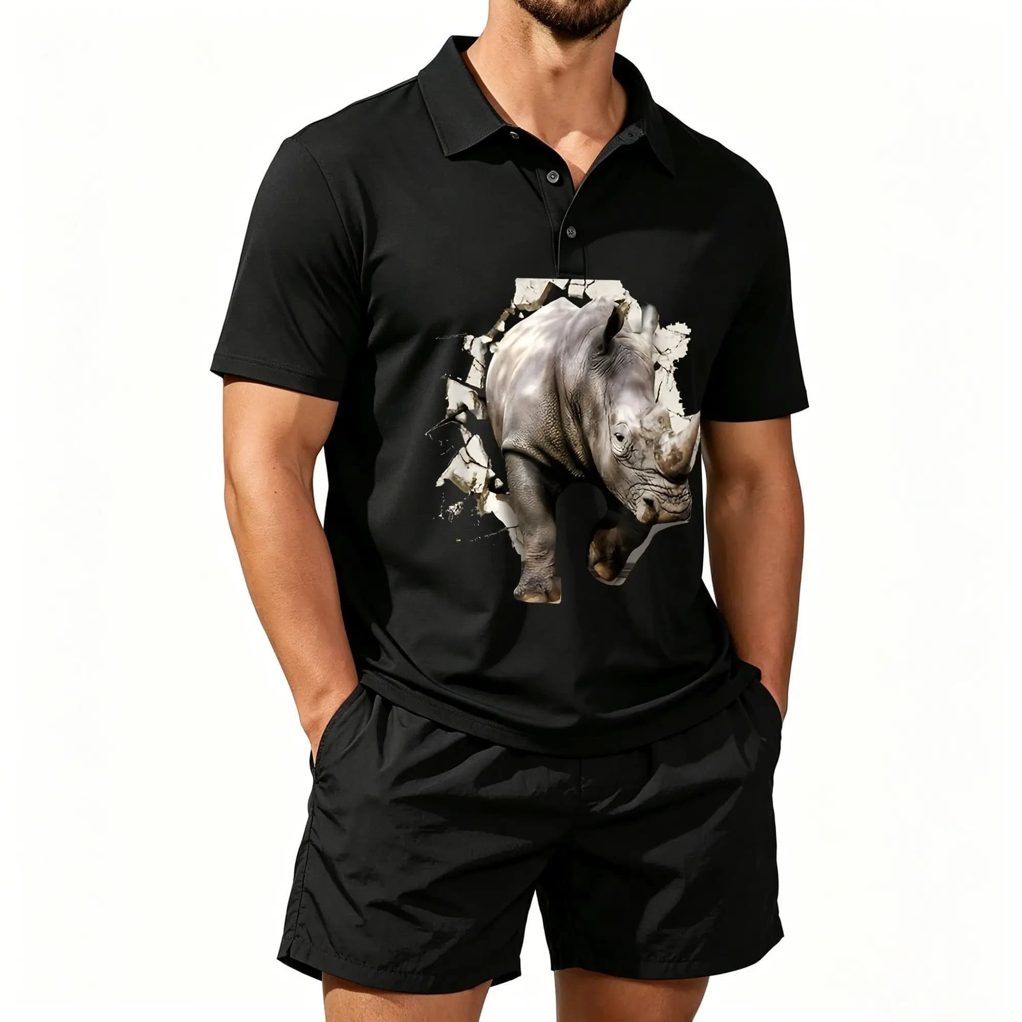 Men's Polo Shirt and Beach Shorts Set with 3D African Wild Rhinoceros Print, Casual and Comfortable Fit, Well-Tailored Upper Body Fit