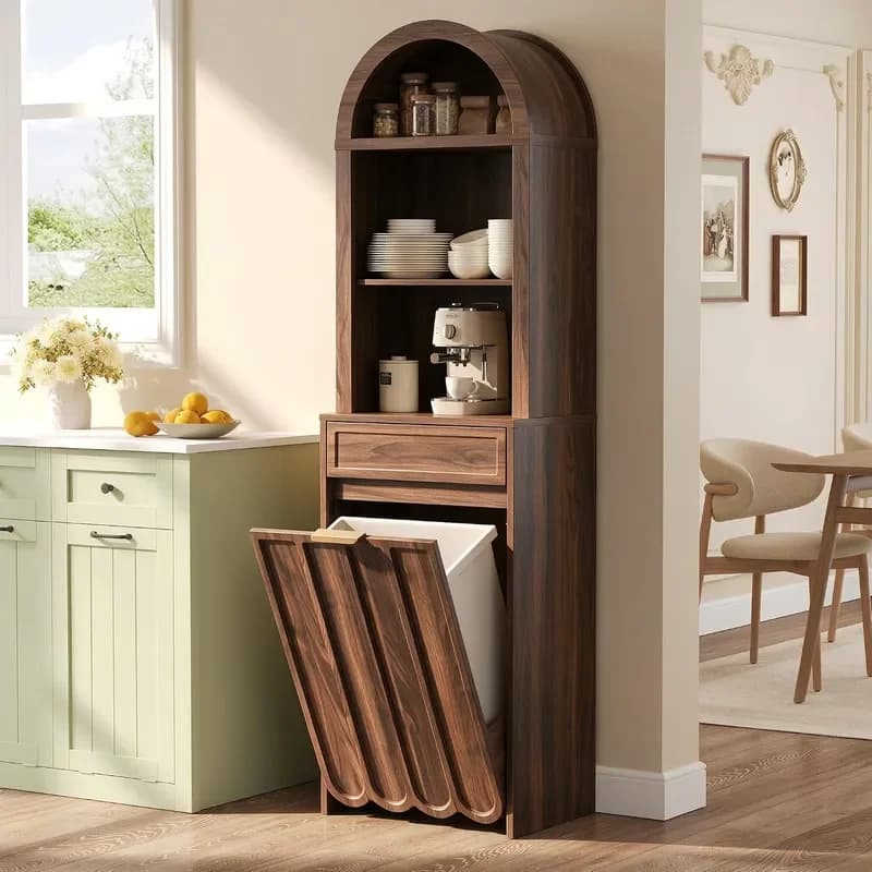 Arched Tilt Out Trash Can Cabinet with Drawers 10 Gallon Walnut