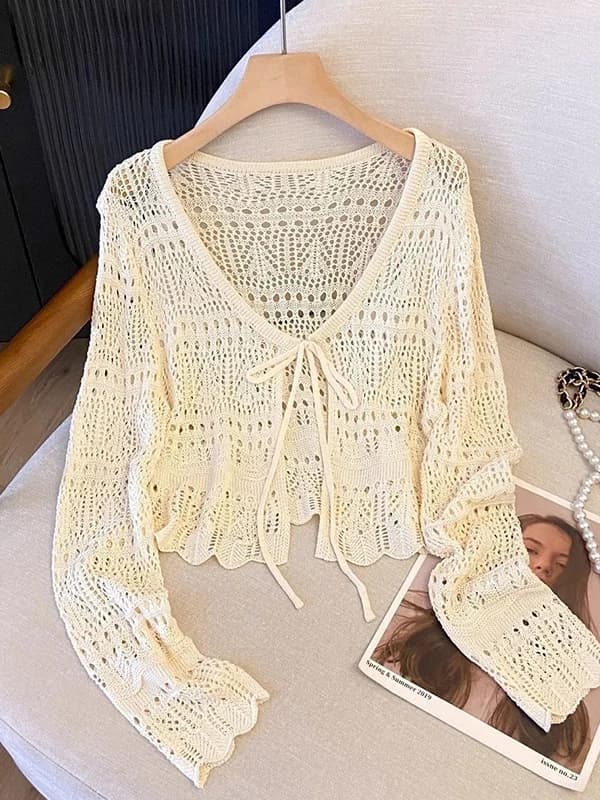 Cardigan Lungo in Maglia Stile Coreano da Donna, Sottile Estivo, Design Ampio e Traspirante con Cintura, Top Scavato a Rete