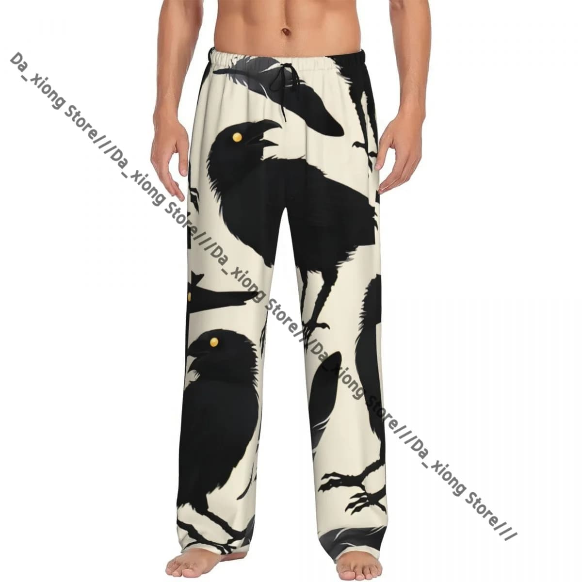 Mens Casual Pajama Long Pant Loose Elastic Waistband Raven And Feathers Cozy Sleepwear Home Lounge Pants