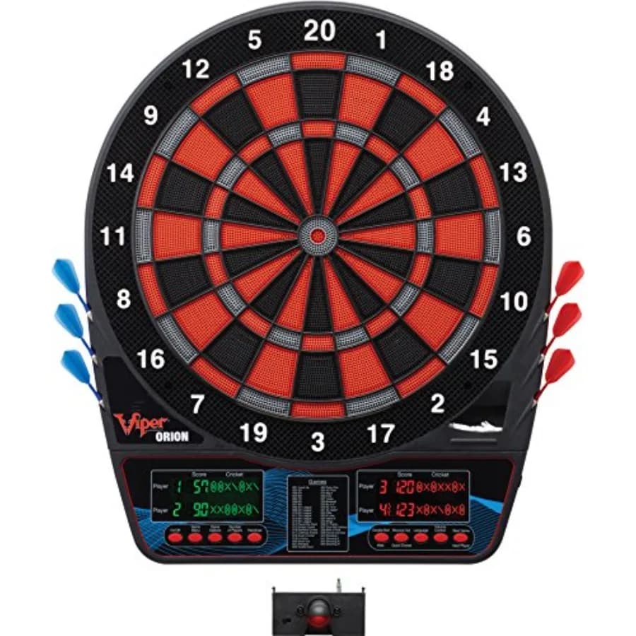 Tavola da freccette elettronica Viper Orion con punta morbida per uso domestico e in pub, in plastica ABS rossa e nera con linea di tiro LaserLite.