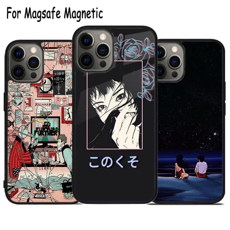Custodia per telefono senza fili estetica anime giapponese anni '90 per iPhone 17 Air 15 16 16e 14 13 11 12 Pro Max Plus Magsafe Cover magnetica