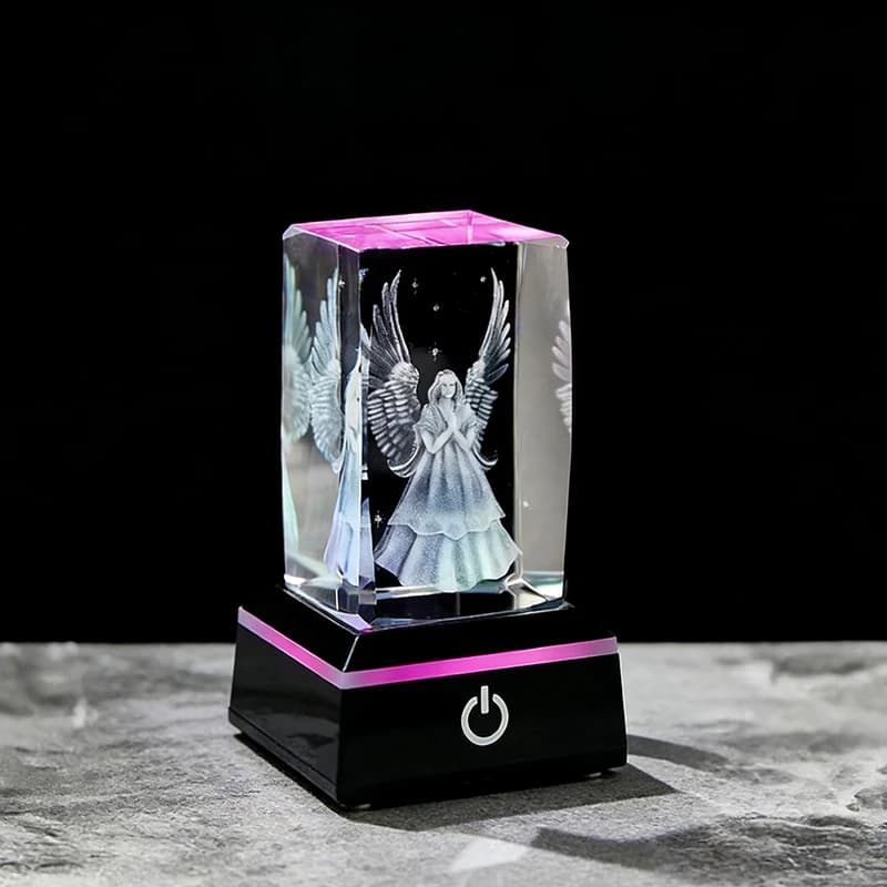 3D statue of Angelo Custode Laser engraved on Crystal Cube, Figurine for Baptism Bomber, Gifts and Home Decorations