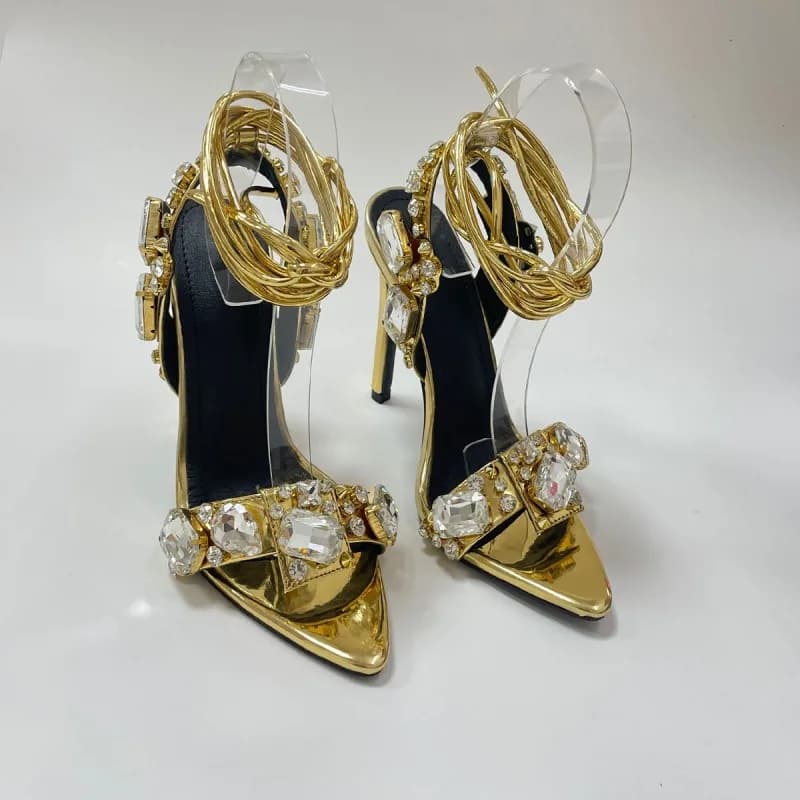 Sexy and Noble Golden Sandals Women Rhinestone Pointed Toe Lace Up Stiletto Party Nightclub Stripper Pumps Banquet Wedding Shoes
