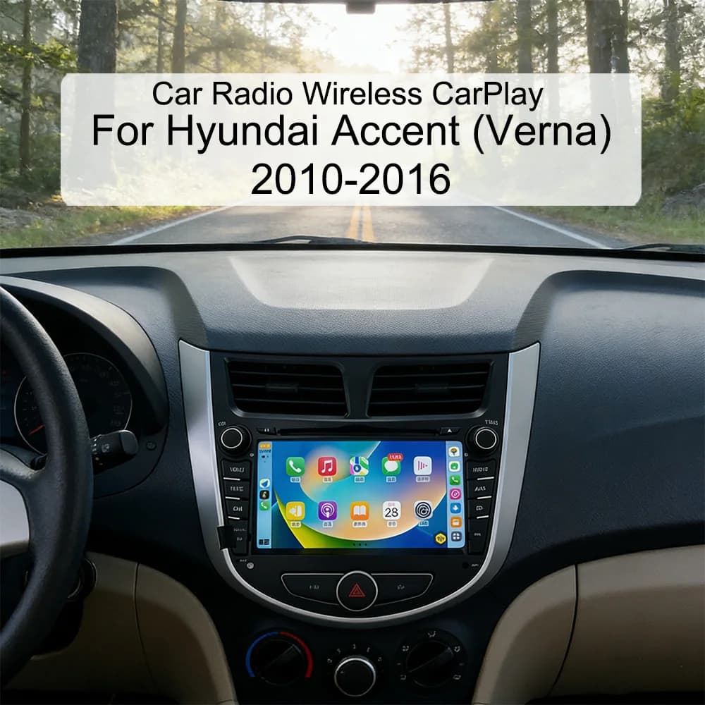 Autoradio da 7 pollici per Hyundai Accent (Verna) 2010-2016 con display IPS, CarPlay wireless, Android Auto, 4G, WiFi, GPS, stereo e navigatore.