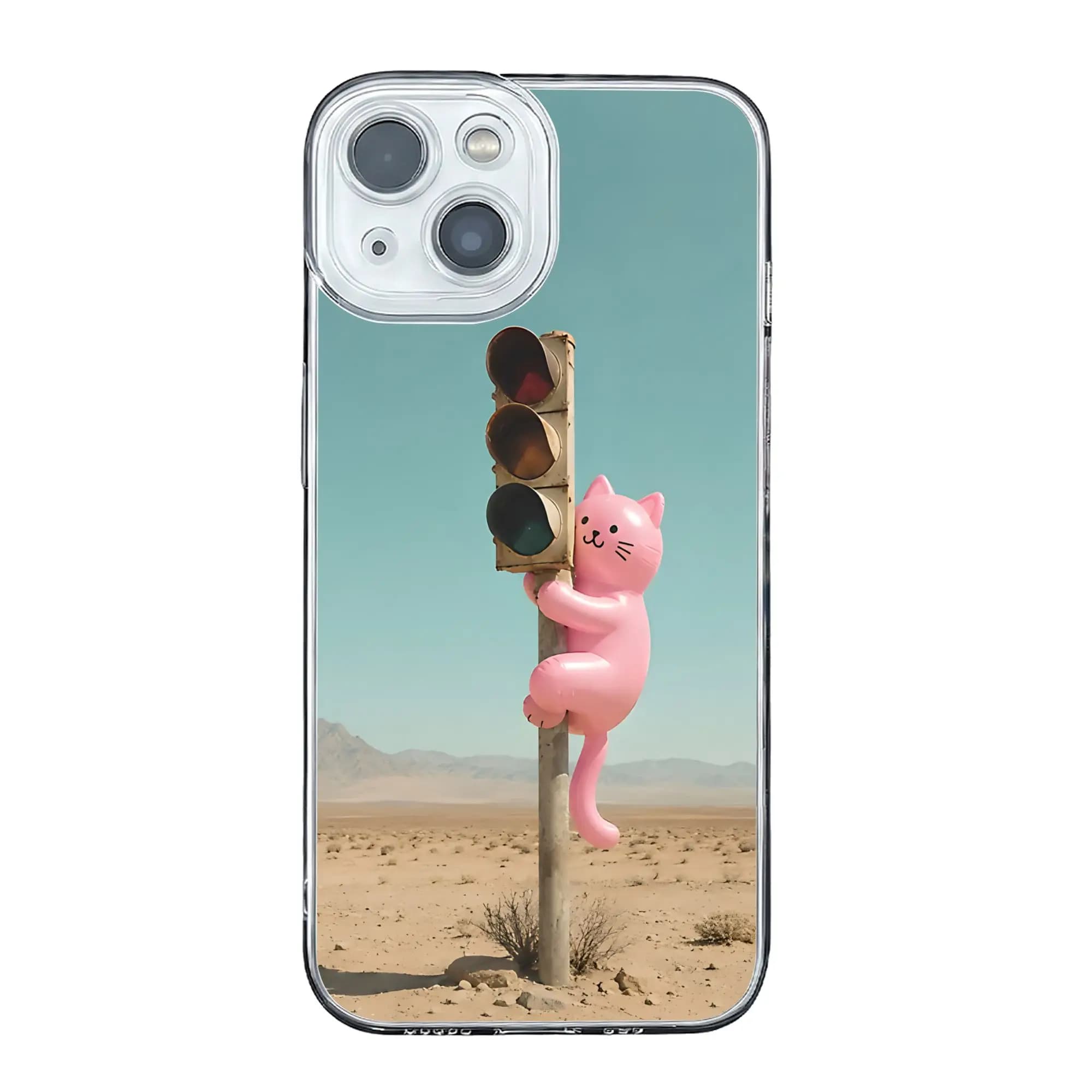 Cover anti-collisione per iPhone 17 16 15 14 13 12 11 Pro Max con gatto rosa che si arrampica sul traffico nel deserto