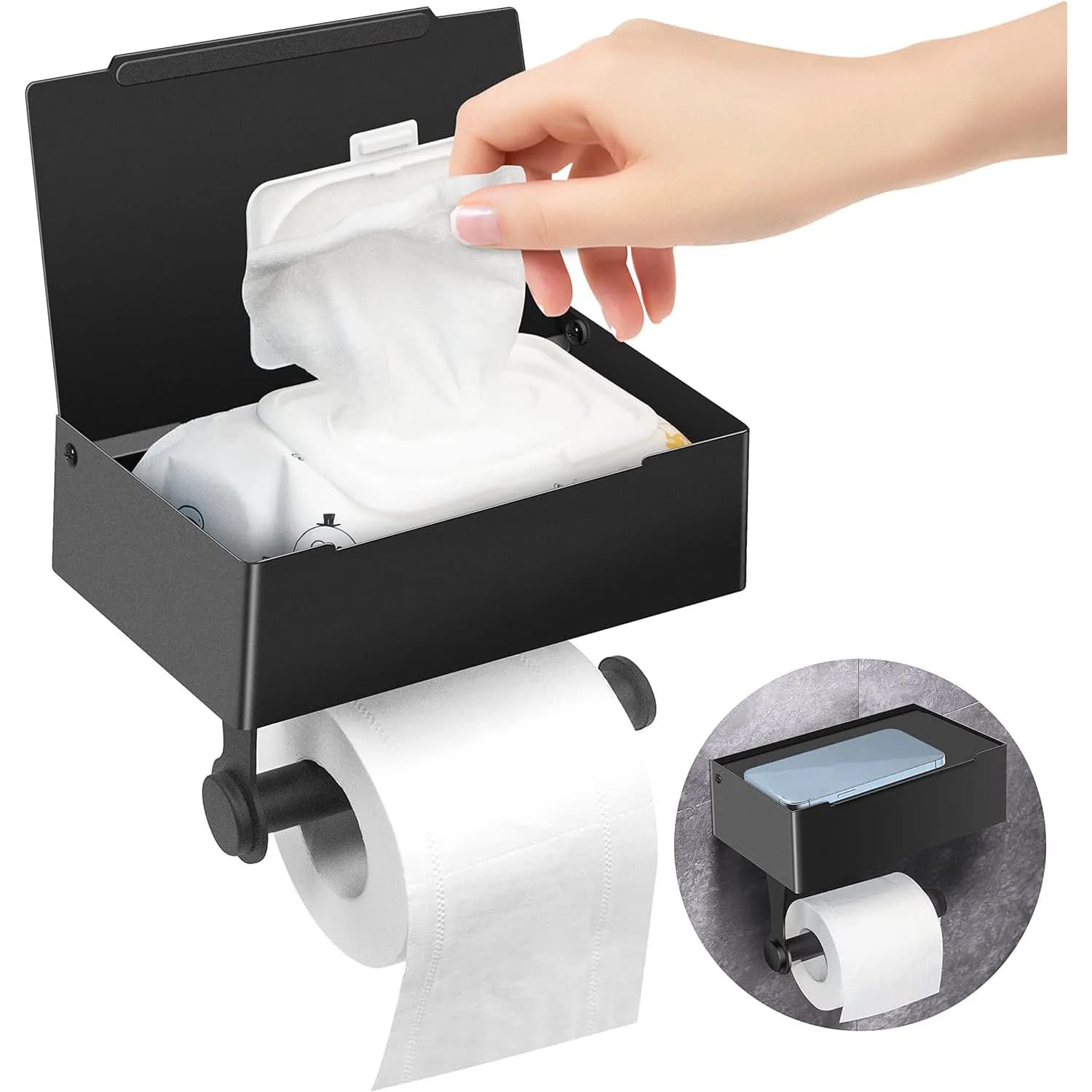 Porta carta igienica nero opaco con portaoggetti, porta carta igienica AmapleL con ripiano, dispenser adesivo per salviette lavabili per montaggio a parete