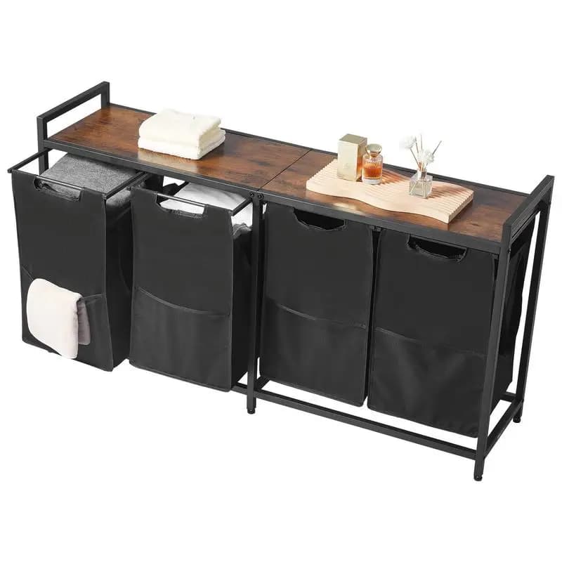 Laundry basket/hamper with wooden tabletop, laundry sorter with 4 pull-out bags (600D Oxford fabric) & metal frame, laundry sorting system for dirty clothes, bathroom, black